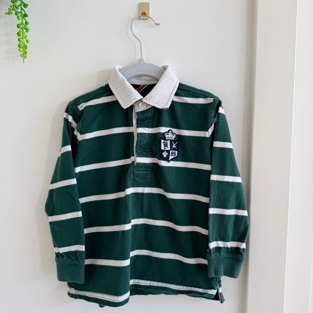 Tommy Hilfiger Green Striped Kids Polo Rugby Long Sleeve Shirt 100% Cotton 3T